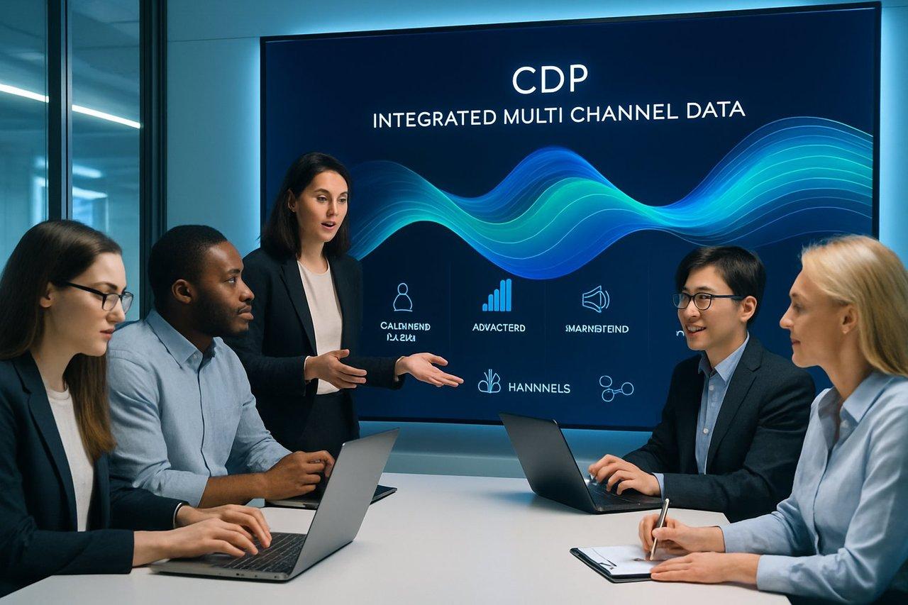 Collaboration des équipes marketing, IT et juridiques autour d'une plateforme CDP pour gérer des données multicanales intégrées en 2026.