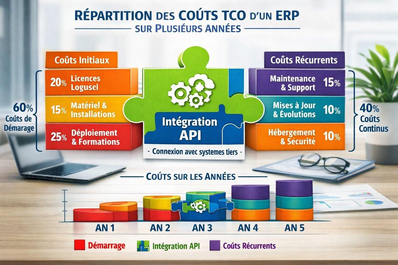 Diagramme coloré illustrant la répartition des coûts TCO ERP sur plusieurs années avec intégration API.