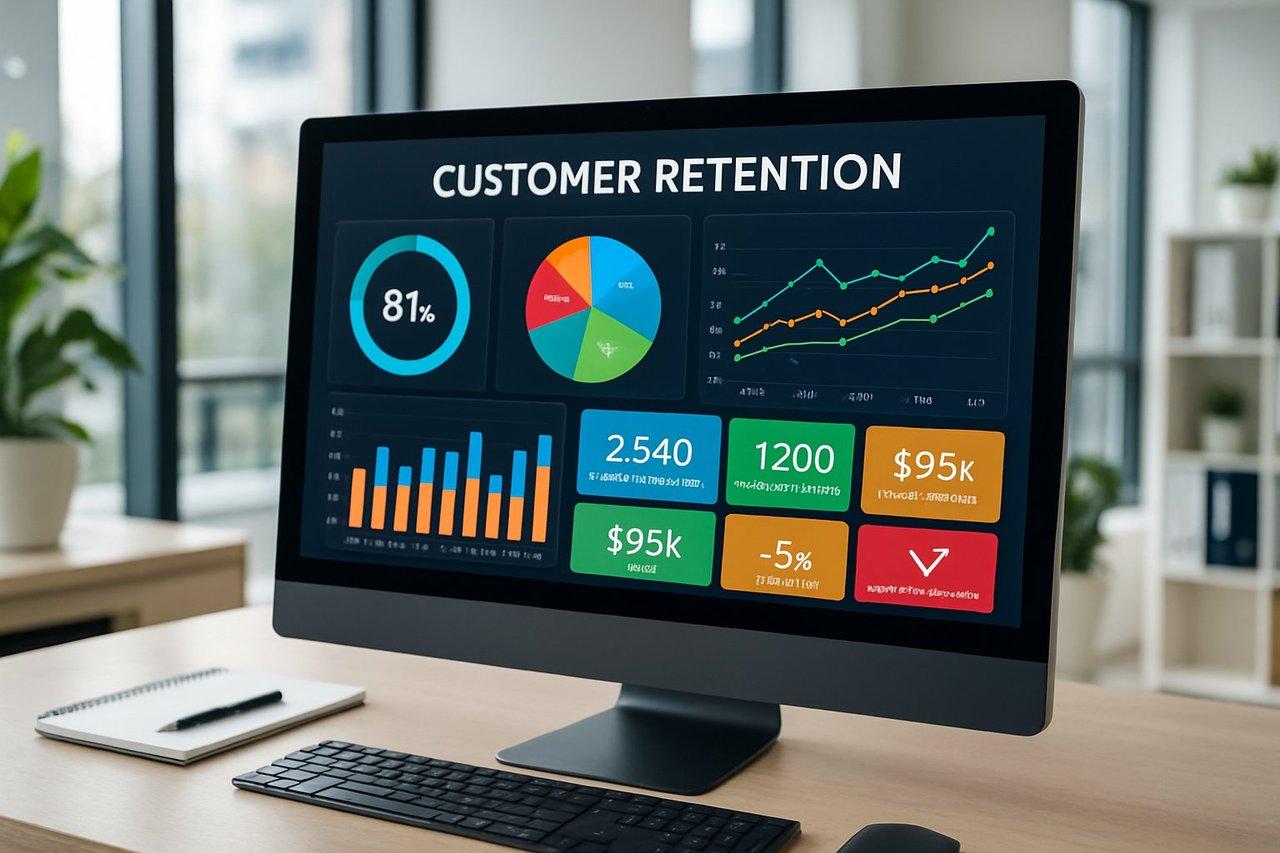 Écran d’ordinateur affichant un tableau de bord dynamique avec indicateurs clés de fidélisation client.