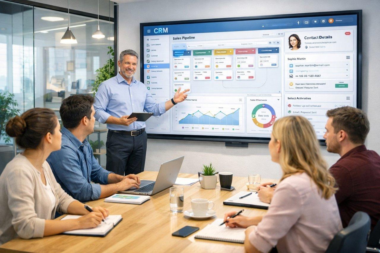 Équipe marketing attentive lors d'une formation interactive sur logiciel CRM lumineux dans une salle moderne.