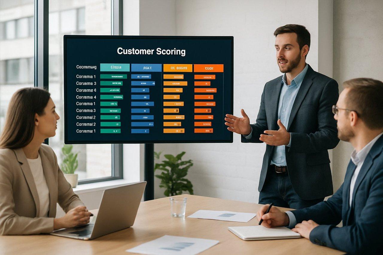 Équipe marketing et commerciale réunie autour d’un tableau numérique dynamique de scoring client dans un bureau moderne.