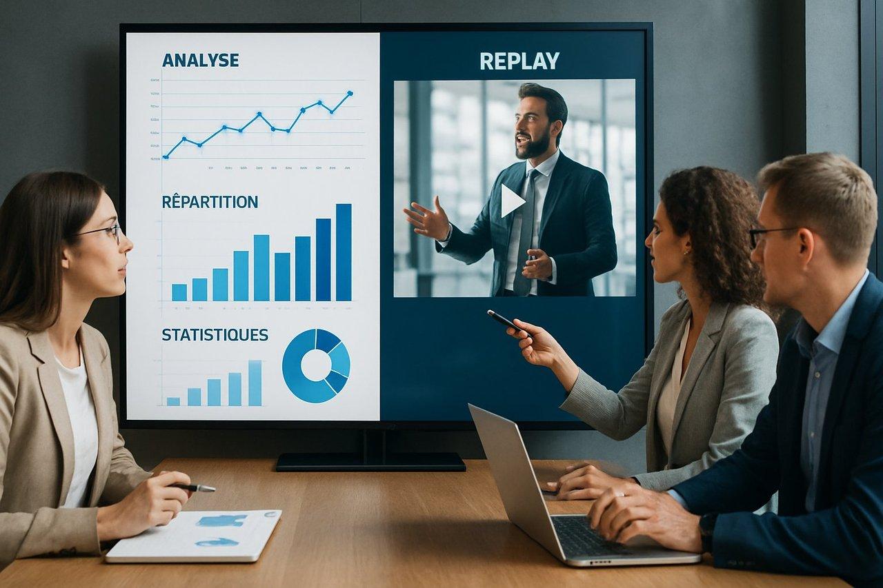 Équipe marketing et commerciaux collaborant autour d’un grand écran avec graphiques analytiques et replay vidéo.