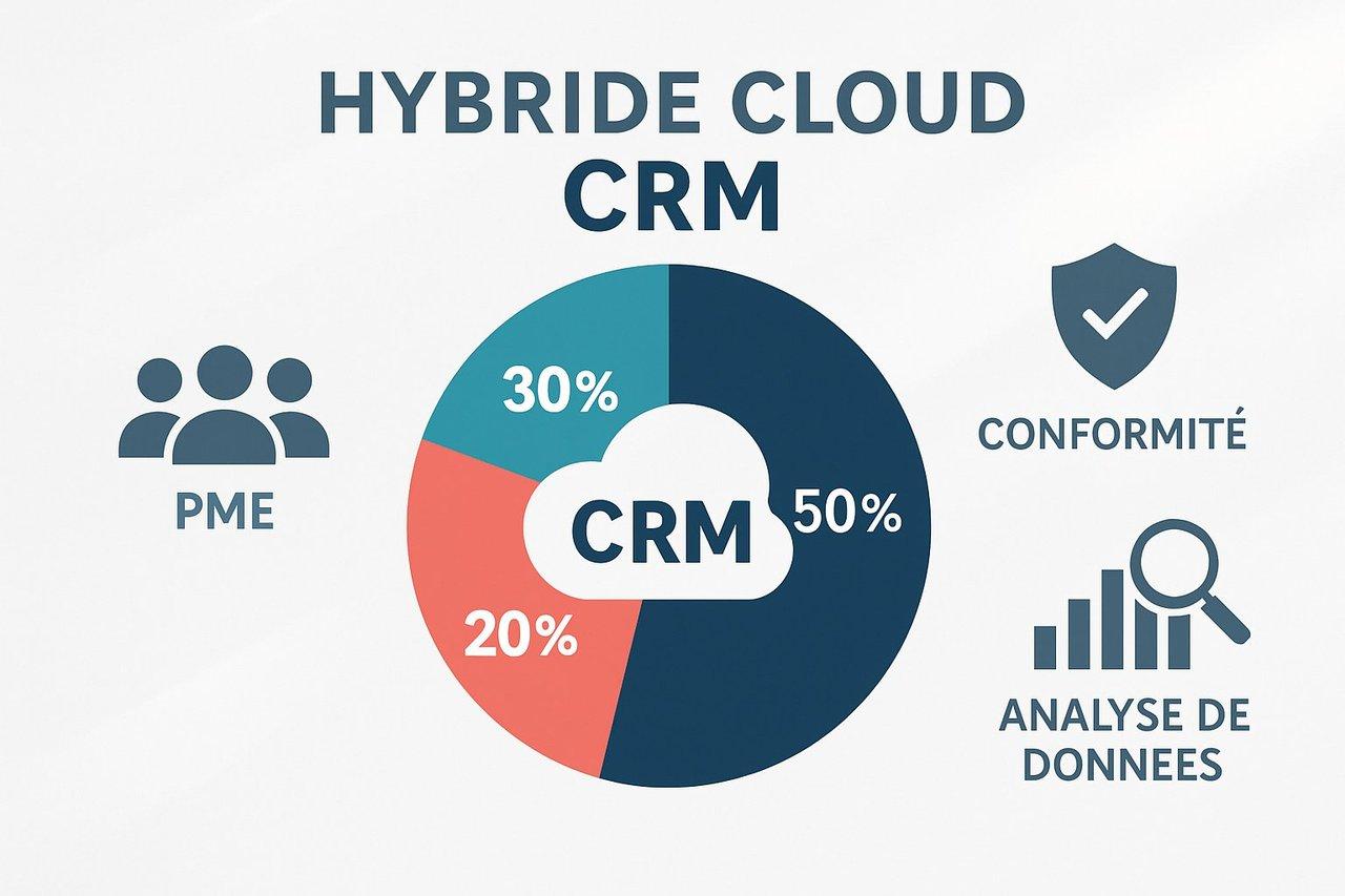 Graphique dynamique illustrant la répartition du cloud hybride CRM, impact sur PME et conformité en analyse de données.