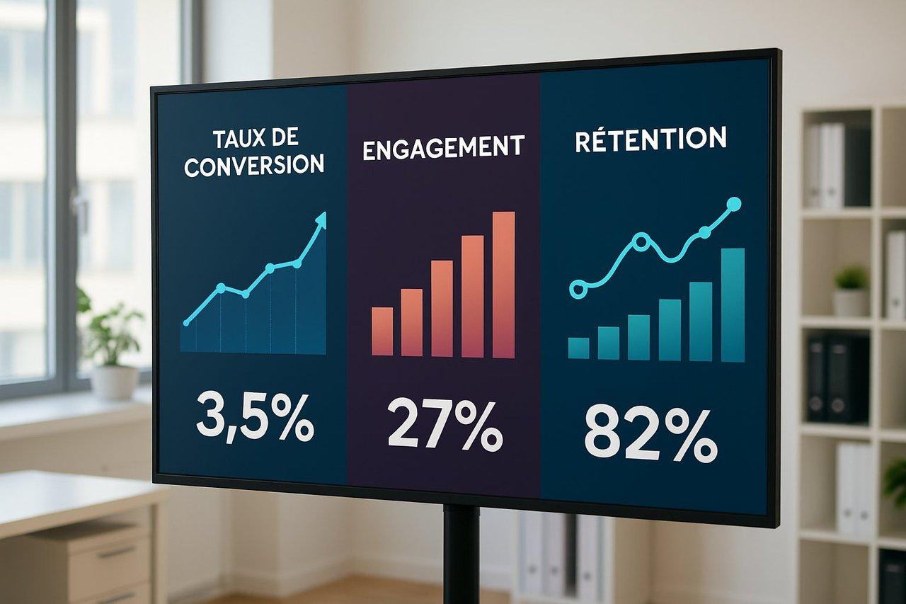 Graphiques modernes affichant taux de conversion, engagement et rétention sur écran numérique dans un bureau lumineux professionnel.