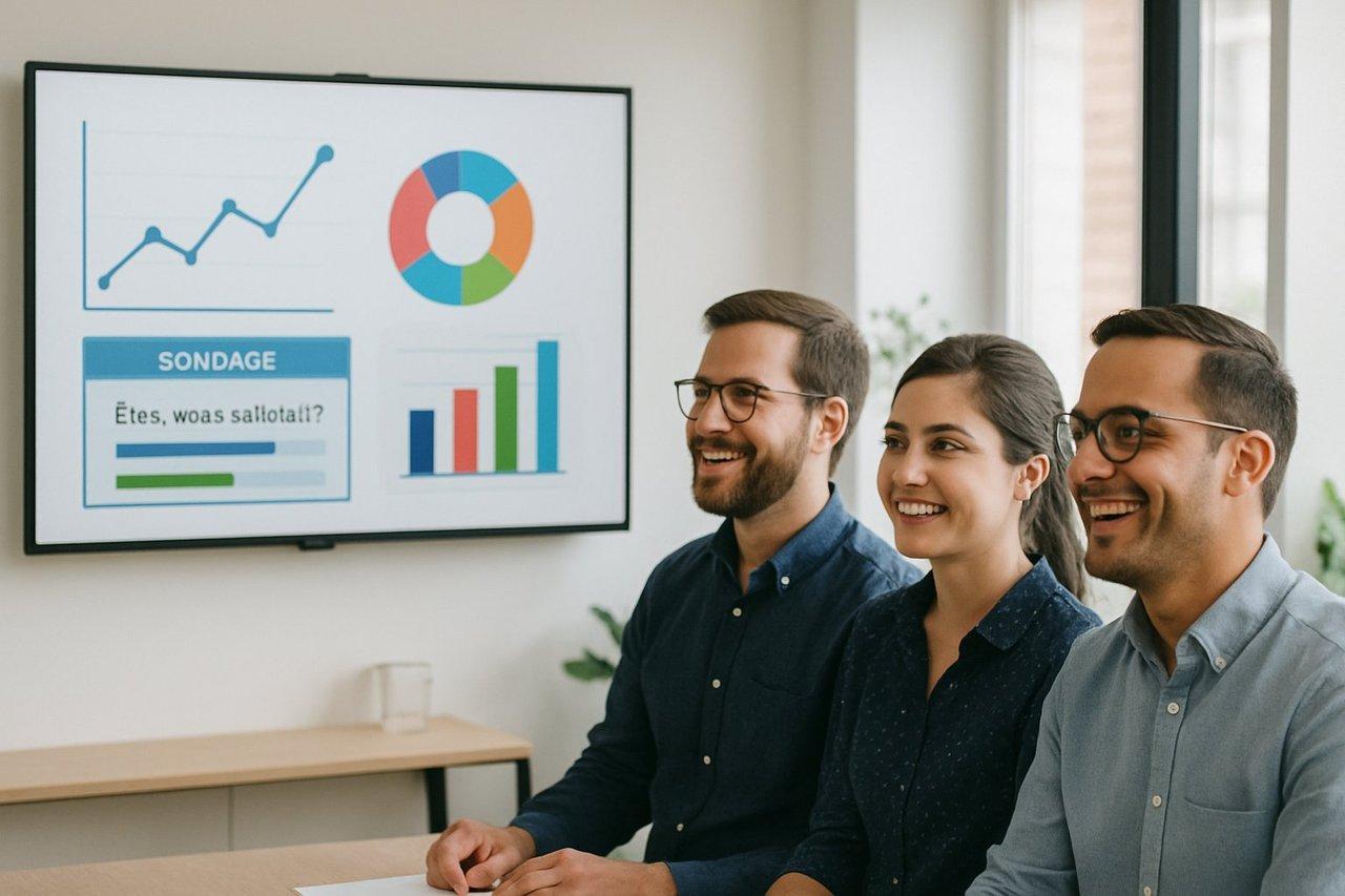 Groupe de participants attentifs et souriants lors d’un webinar interactif avec graphiques et sondages visibles.