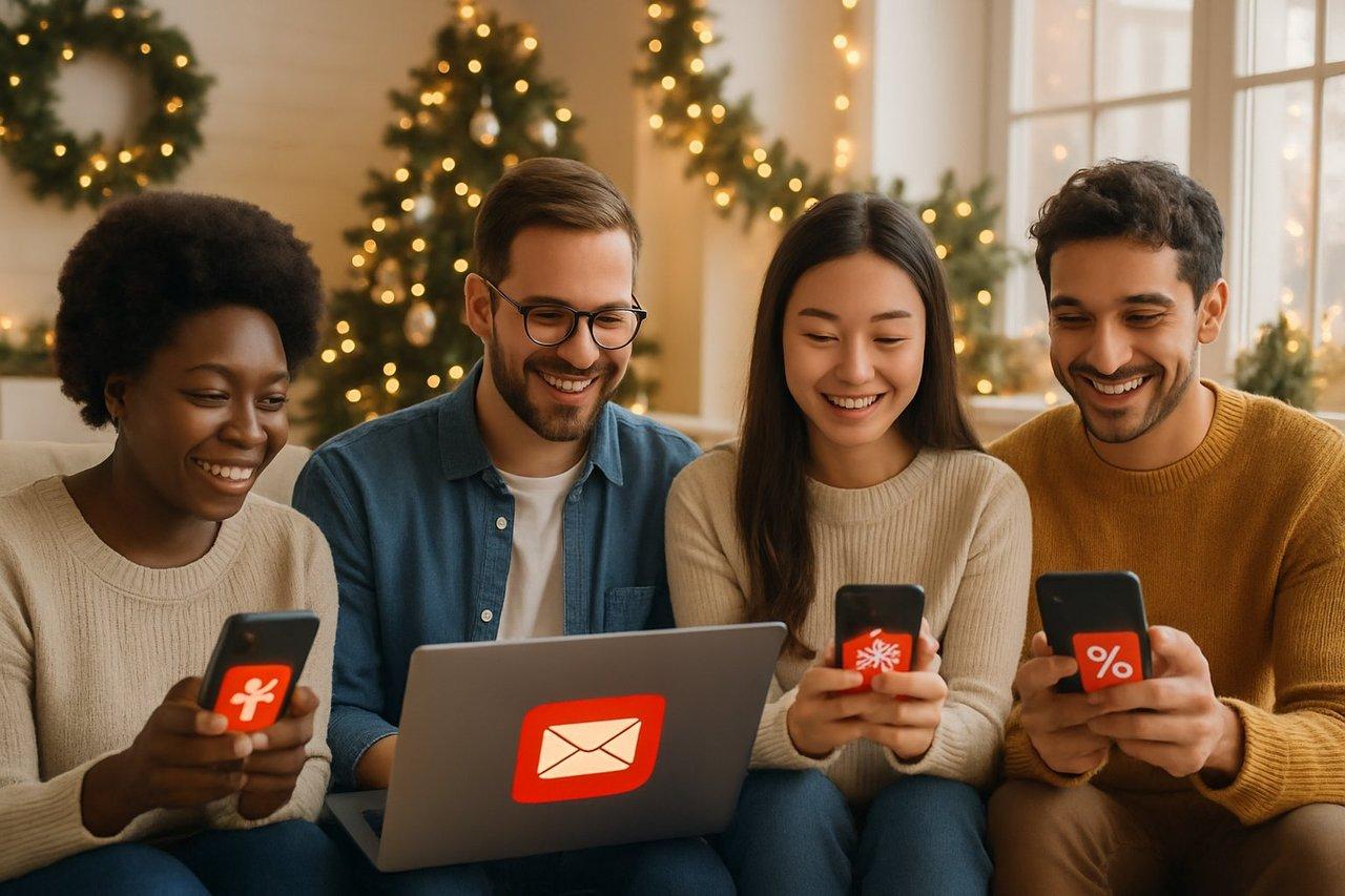 Groupe diversifié de clients souriants recevant des messages marketing personnalisés festifs via smartphone et ordinateur.