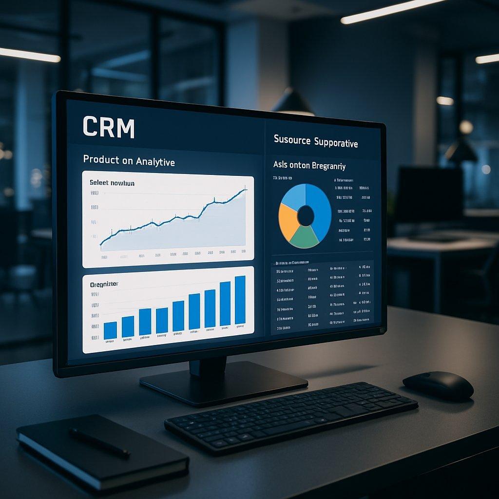 Interface CRM moderne affichant graphiques d’analyse prédictive et segmentation client détaillée dans un environnement high-tech.