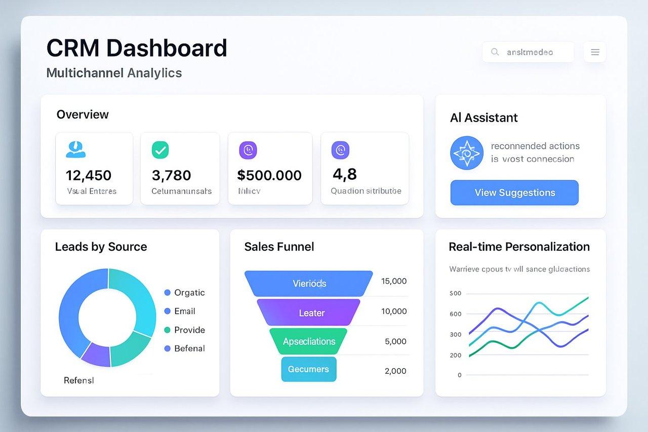 Interface CRM moderne avec tableau de bord multicanal, graphiques analytiques, modules IA et personnalisation client.