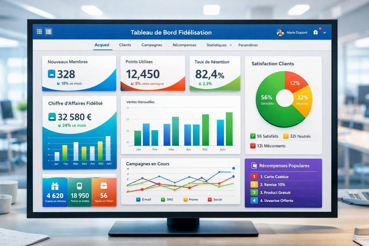 Interface d’un logiciel de gestion de fidélisation PME avec tableau de bord dynamique et graphiques KPIs colorés.