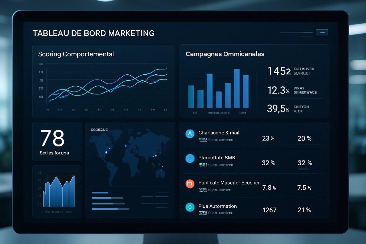 Interface informatique moderne illustrant un tableau de bord marketing automatisé avec scoring comportemental et campagnes omnicanales en temps réel.