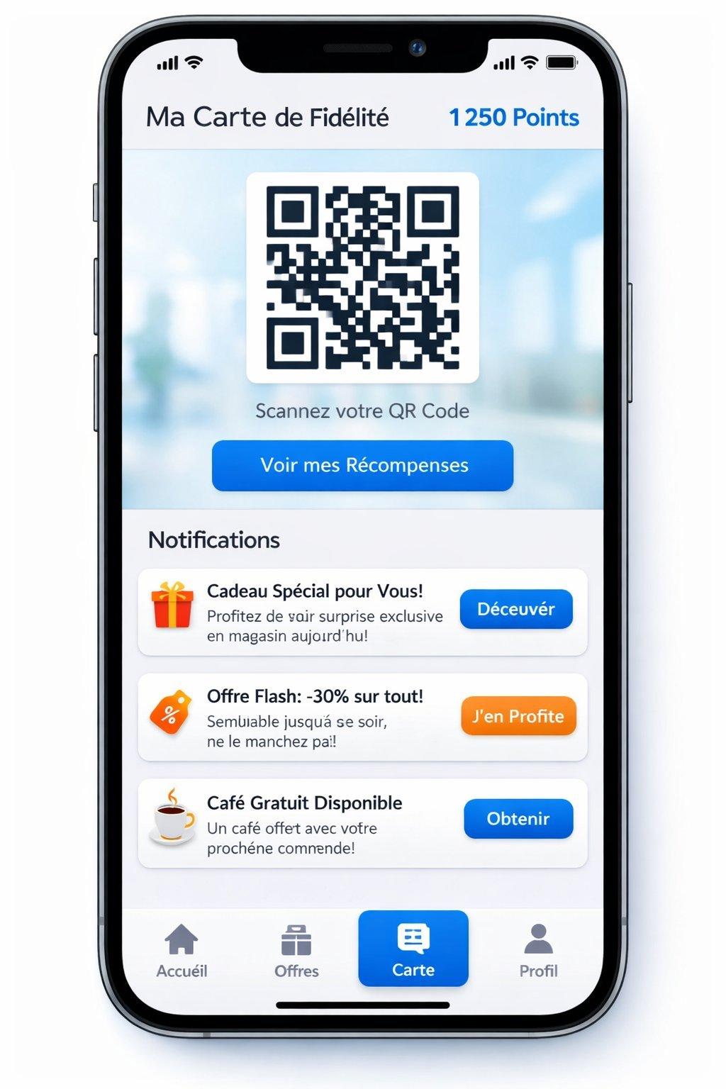 Interface mobile moderne d’application de fidélité digitale affichant un QR code, notifications personnalisées et design épuré.