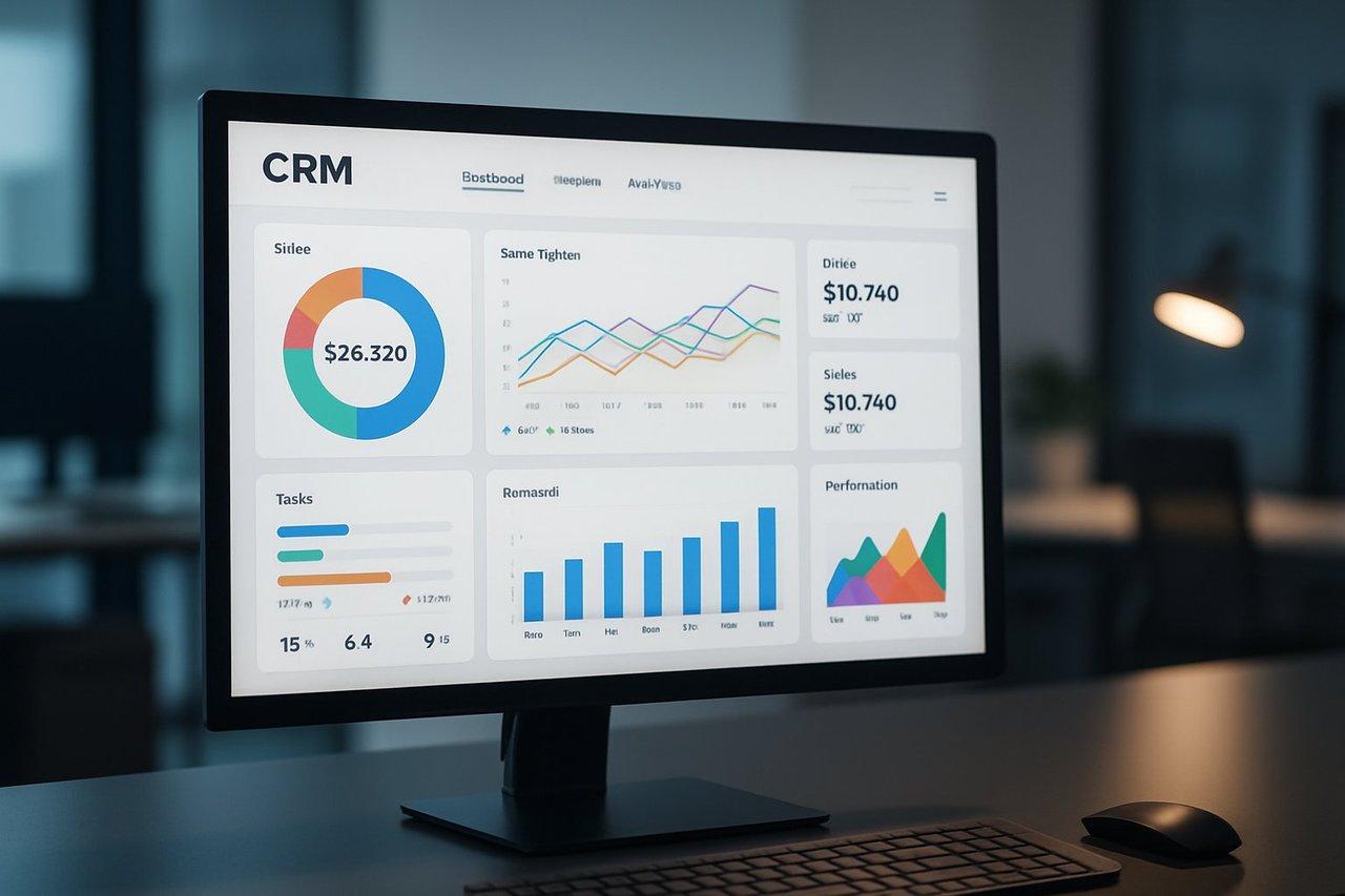 Interface moderne de logiciel CRM avec tableaux de bord dynamiques et suivi précis des performances.