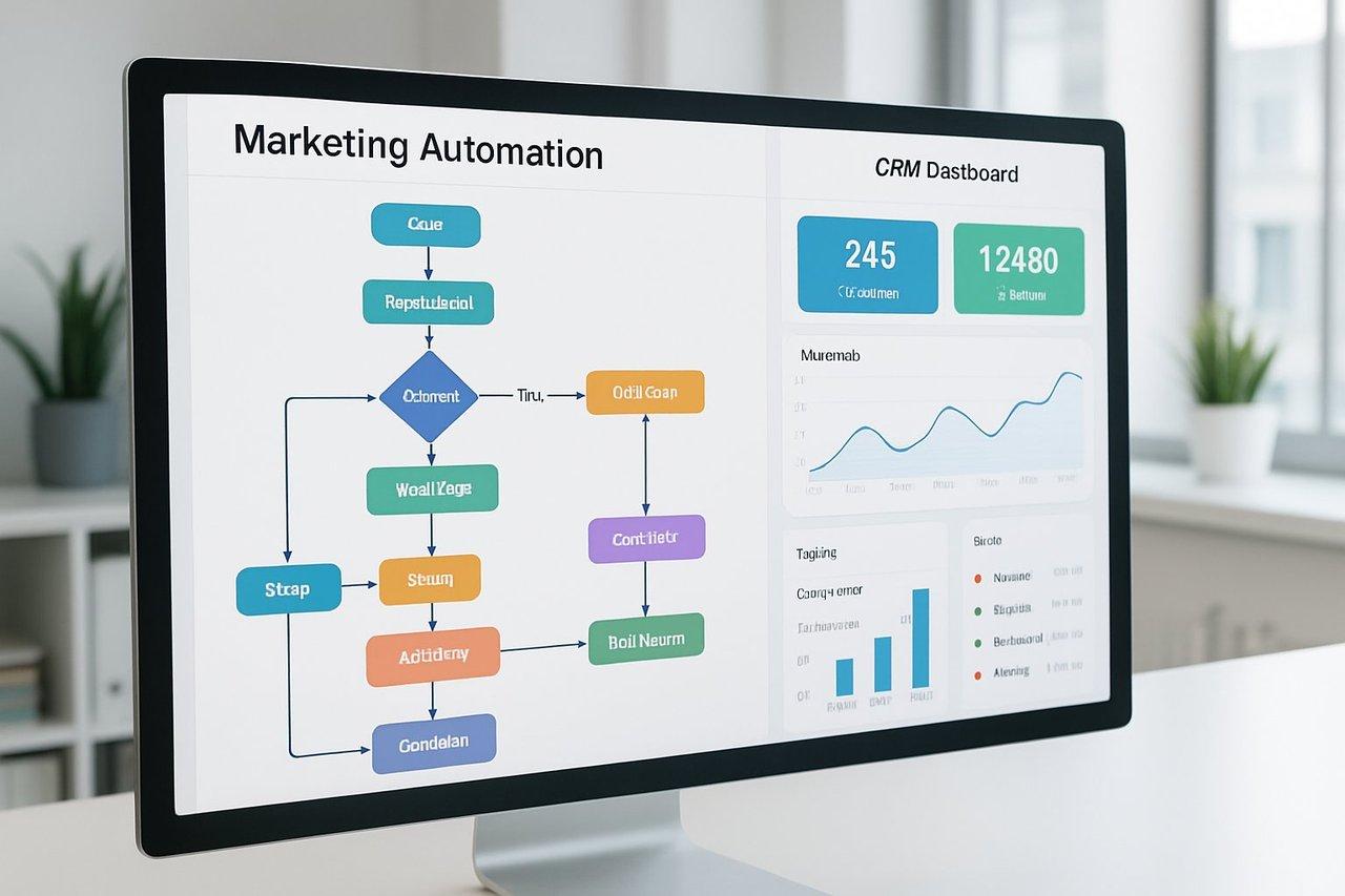 Interface moderne de marketing automation avec workflow complexe et tableau de bord CRM clair dans un bureau professionnel.