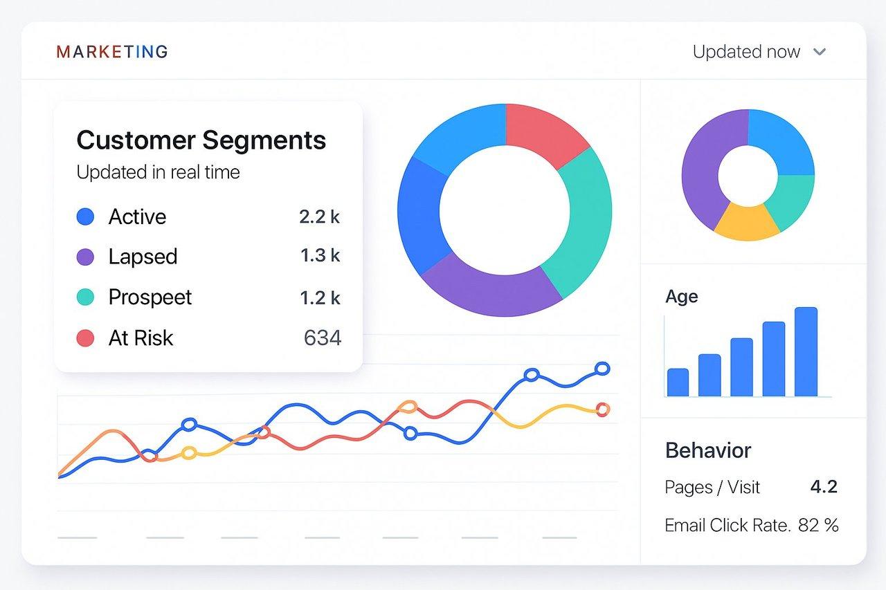 Interface moderne d’outil marketing affichant la mise à jour dynamique des segments clients en temps réel.