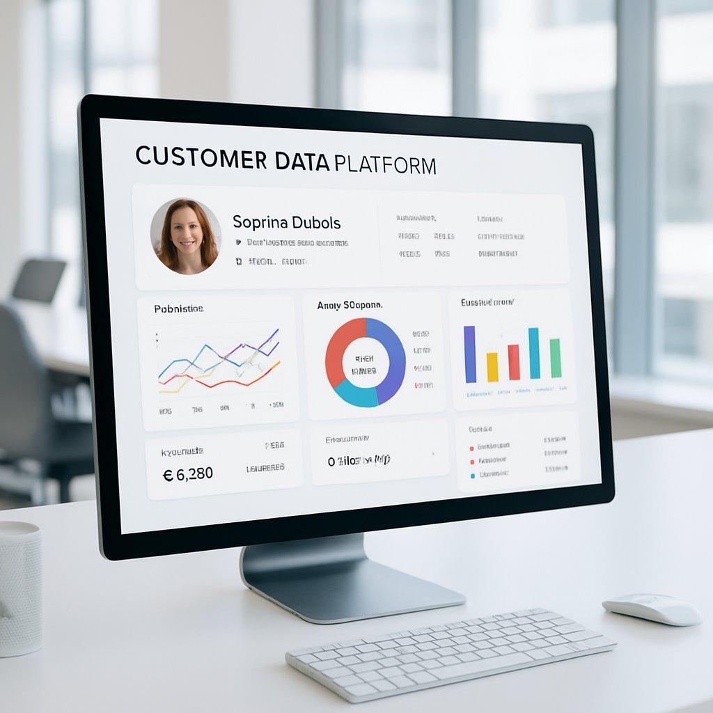 Interface moderne d’une Customer Data Platform affichant un profil client unifié avec données multicanales en temps réel.