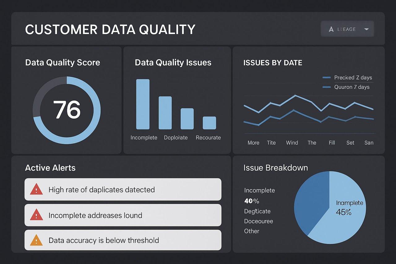 Interface moderne et claire de tableau de bord numérique affichant graphiques et alertes sur la qualité des données clients en entreprise.