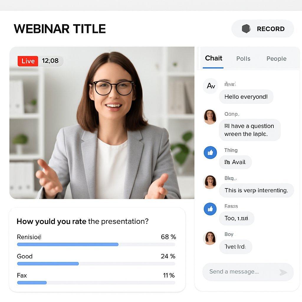 Interface moderne et claire d’une plateforme de webinar avec chat actif, sondages interactifs et options d’enregistrement.