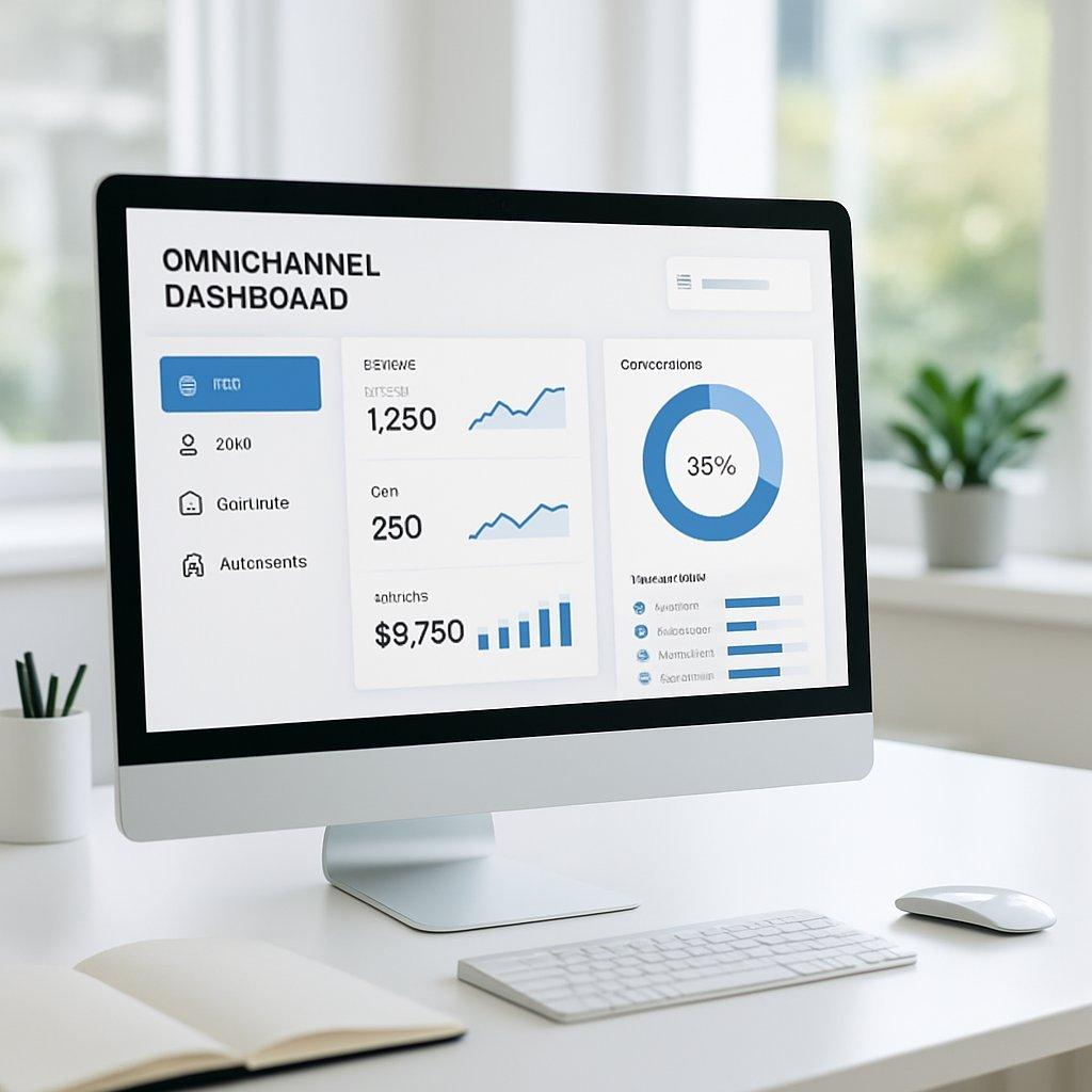 Interface moderne et épurée d’un tableau de bord omnicanal avec CRM, chatbots et automatisation en environnement bureau lumineux.
