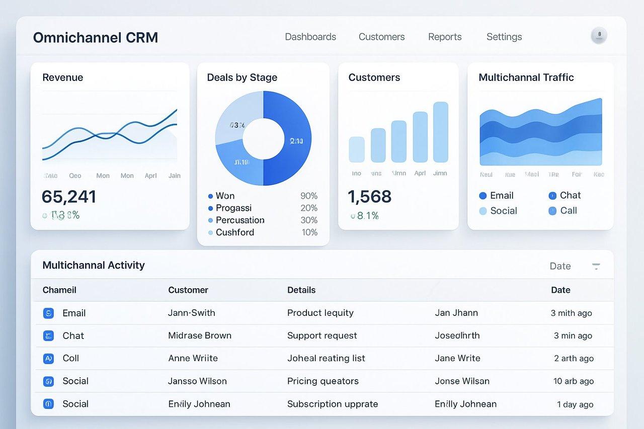 Interface professionnelle de CRM omnicanal moderne affichant tableaux de bord dynamiques et suivi multicanal en temps réel.