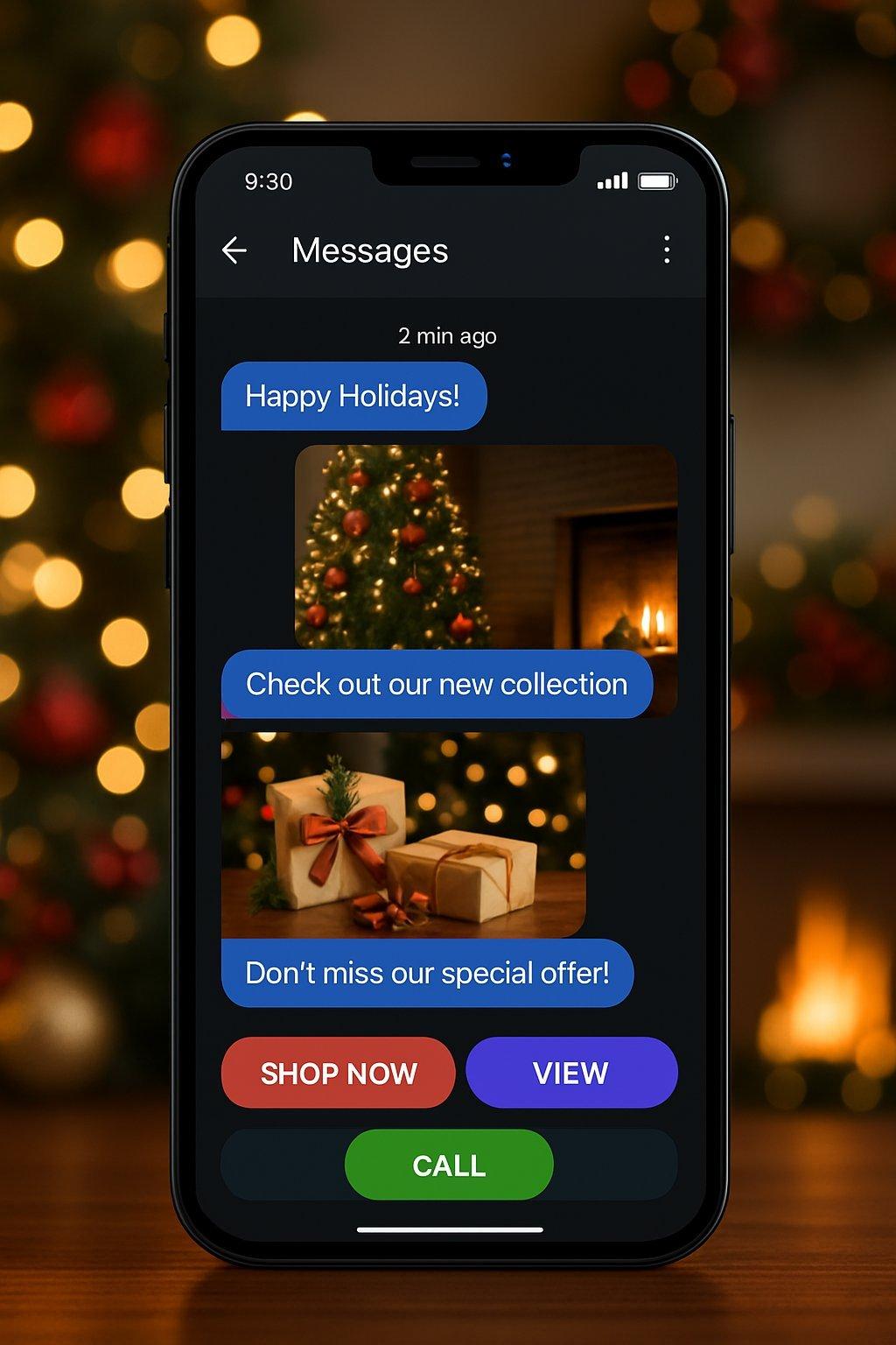 Interface RCS moderne sur smartphone avec messages multimédias festifs et boutons d’action colorés, ambiance chaleureuse.