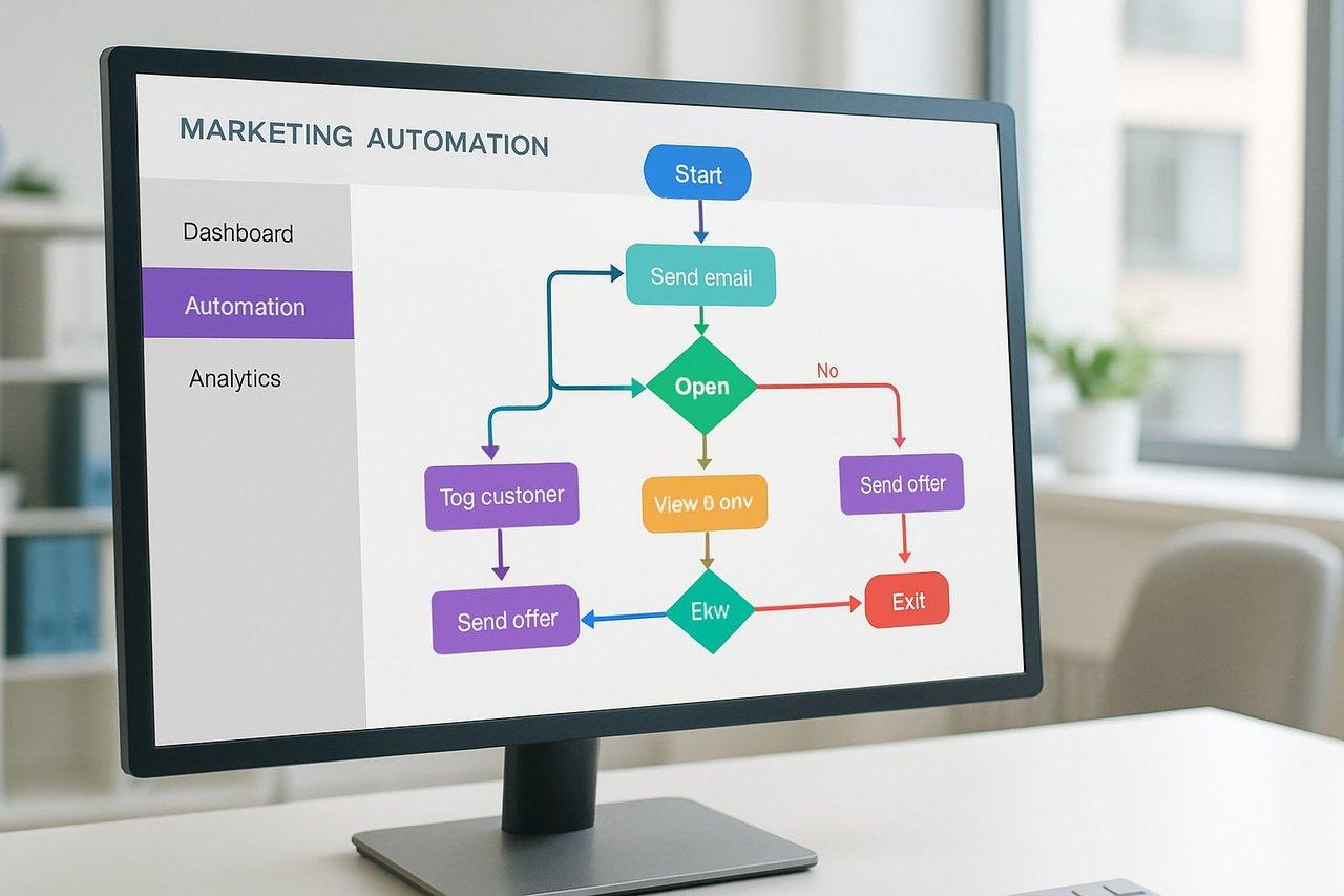 Plateforme d'automatisation marketing avec un workflow complexe visible, illustration d'une interface moderne et professionnelle.