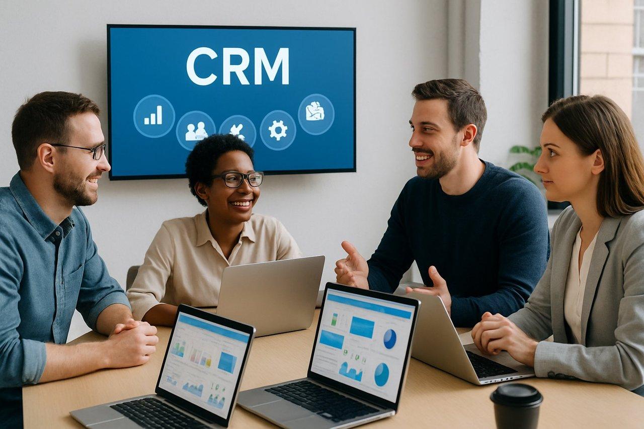 Réunion agile d'équipe projet CRM autour d'une table, avec outils digitaux pour une gestion efficace.
