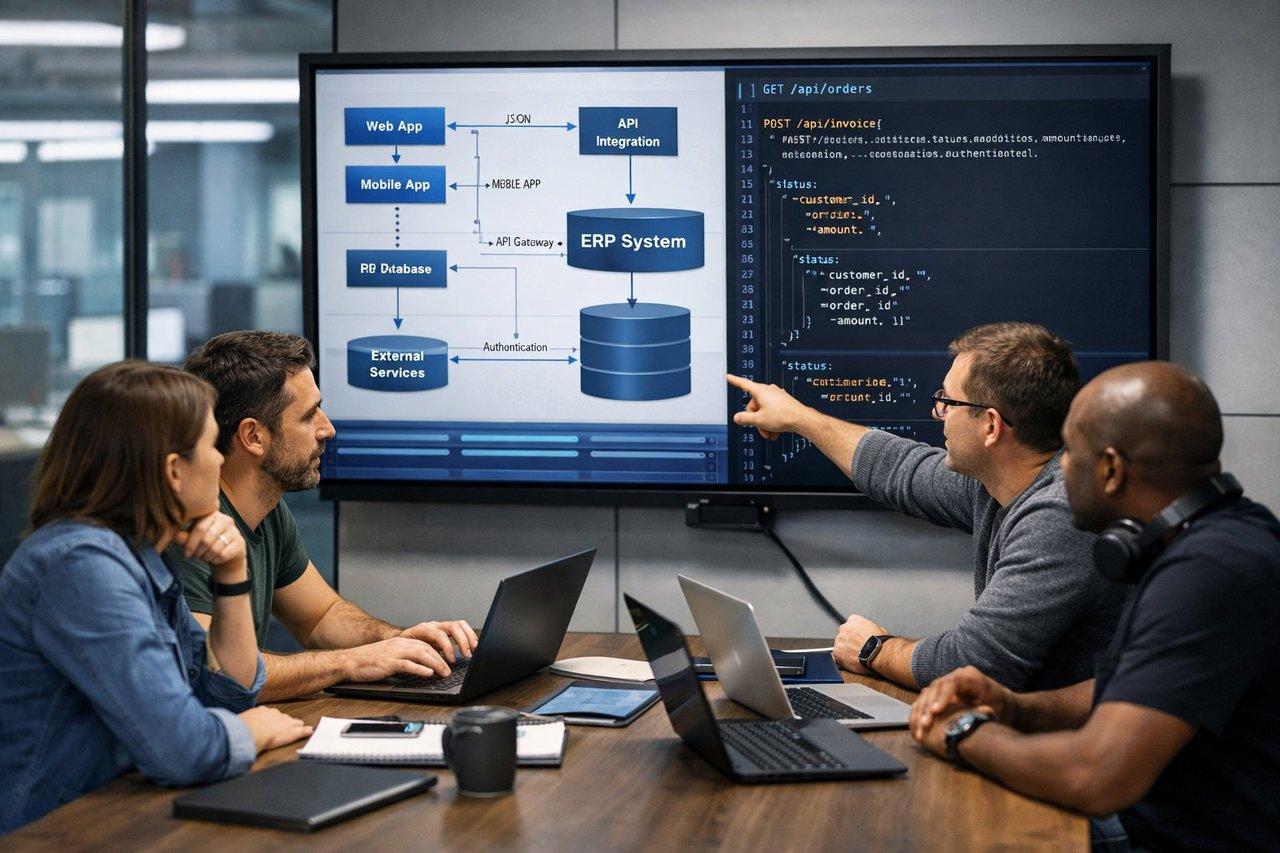 Réunion d’équipes techniques concentrées autour d’un écran avec diagrammes et codes API pour intégration ERP propriétaire.