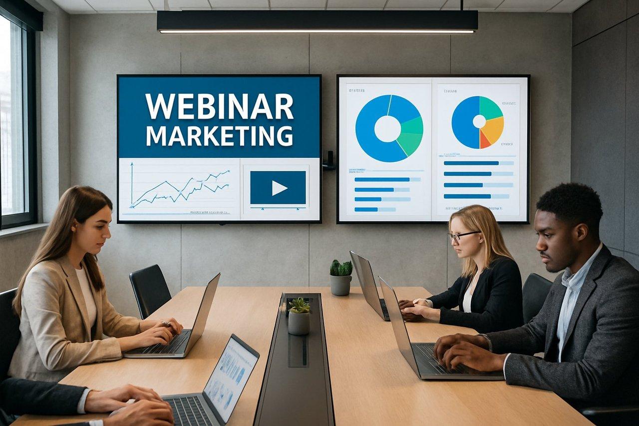 Salle de réunion moderne avec professionnels concentrés sur leurs ordinateurs lors d’un webinar marketing interactif.