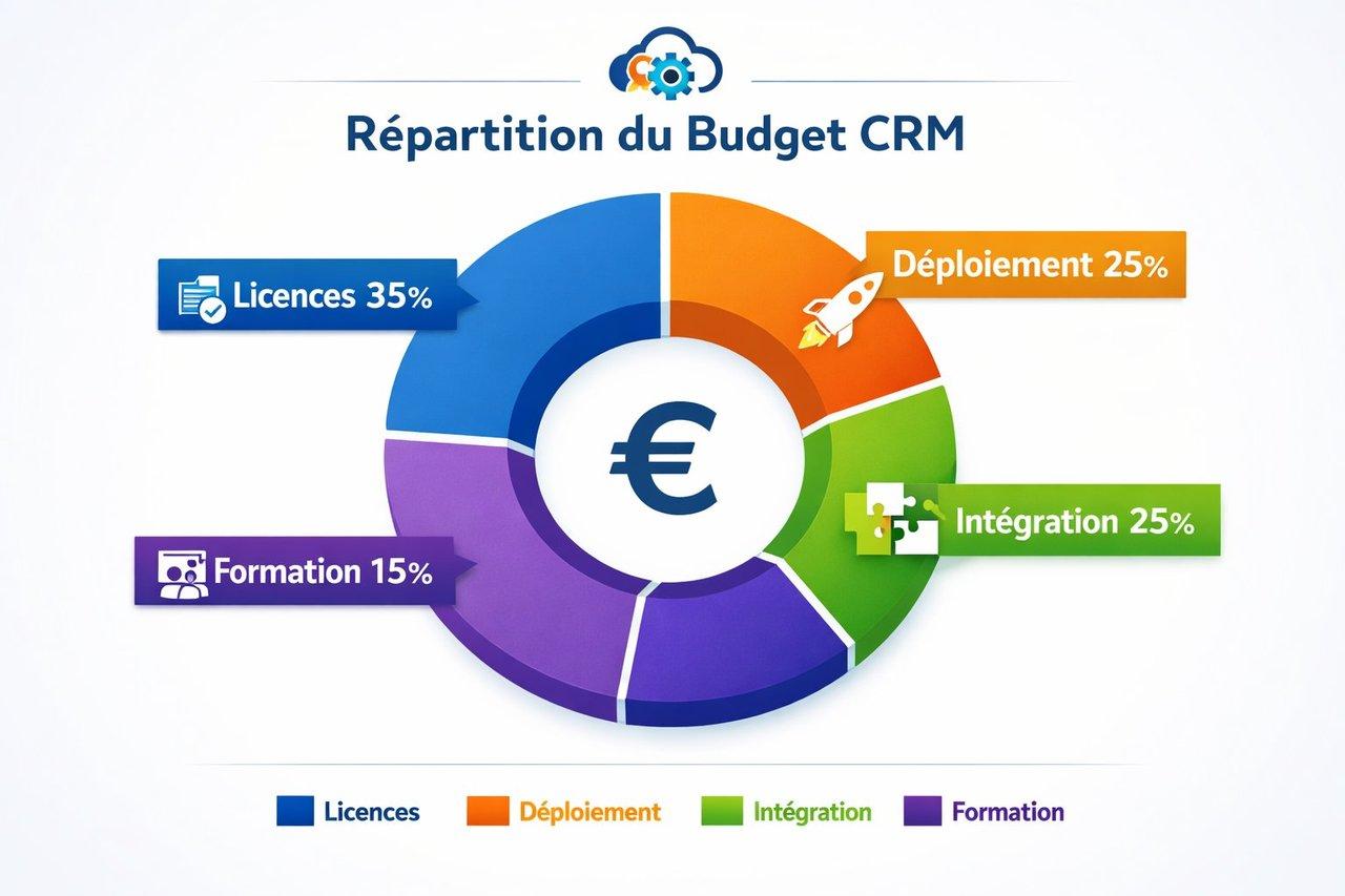 Schéma clair et coloré illustrant la répartition du budget CRM entre licences, déploiement, intégration et formation.