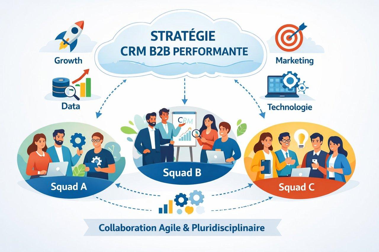 Schéma professionnel coloré illustrant une organisation agile en squads pluridisciplinaires pour une stratégie CRM B2B performante.