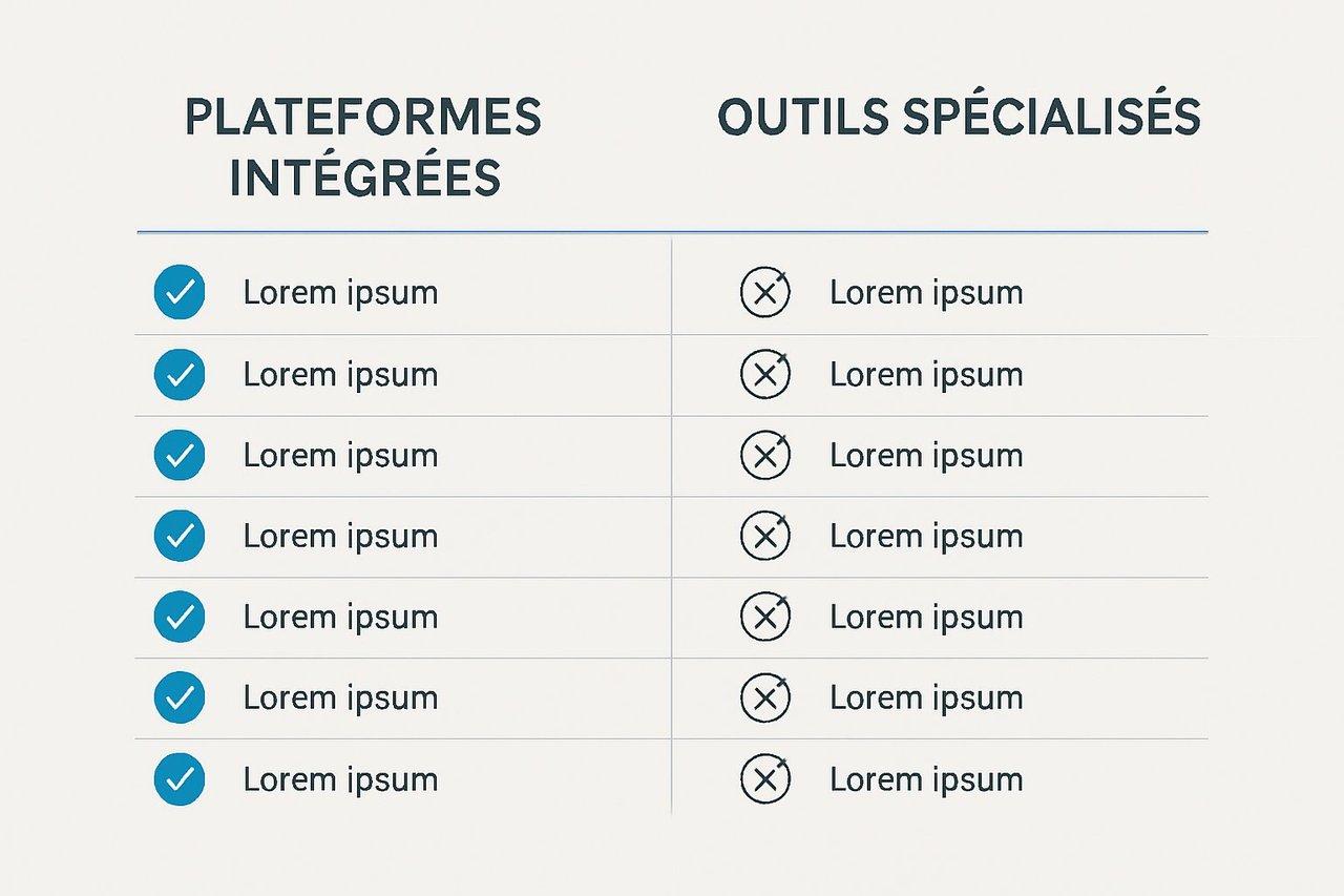 Tableau comparatif clair et professionnel entre plateformes intégrées et outils spécialisés pour la satisfaction client.