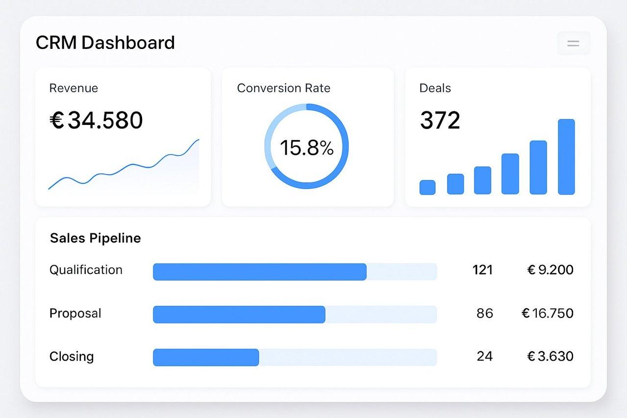 Tableau de bord CRM moderne et lumineux avec graphiques dynamiques en temps réel.