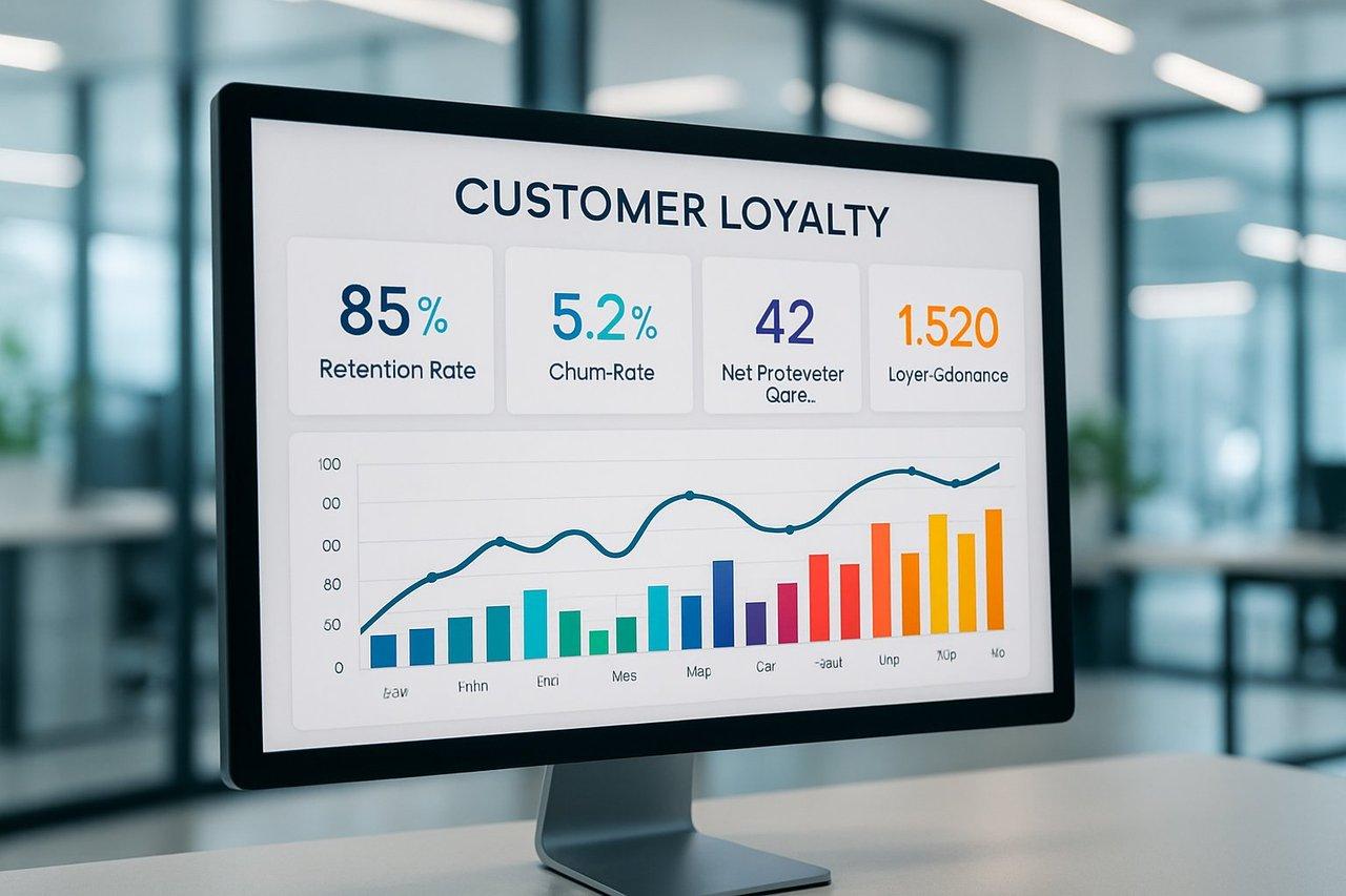 Tableau de bord digital moderne affichant plusieurs KPIs clés de fidélité client dans une interface épurée.
