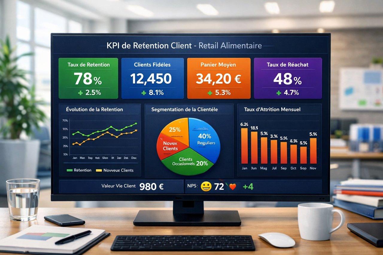 Tableau de bord digital moderne illustrant les KPIs clés de rétention client en retail alimentaire.