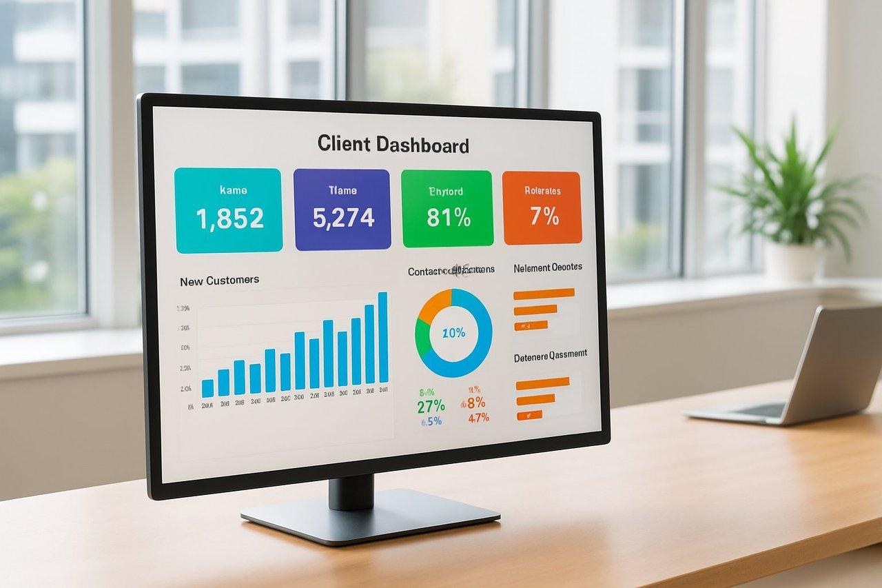 Tableau de bord interactif moderne affichant des KPIs clients colorés et graphiques épurés dans un bureau lumineux.