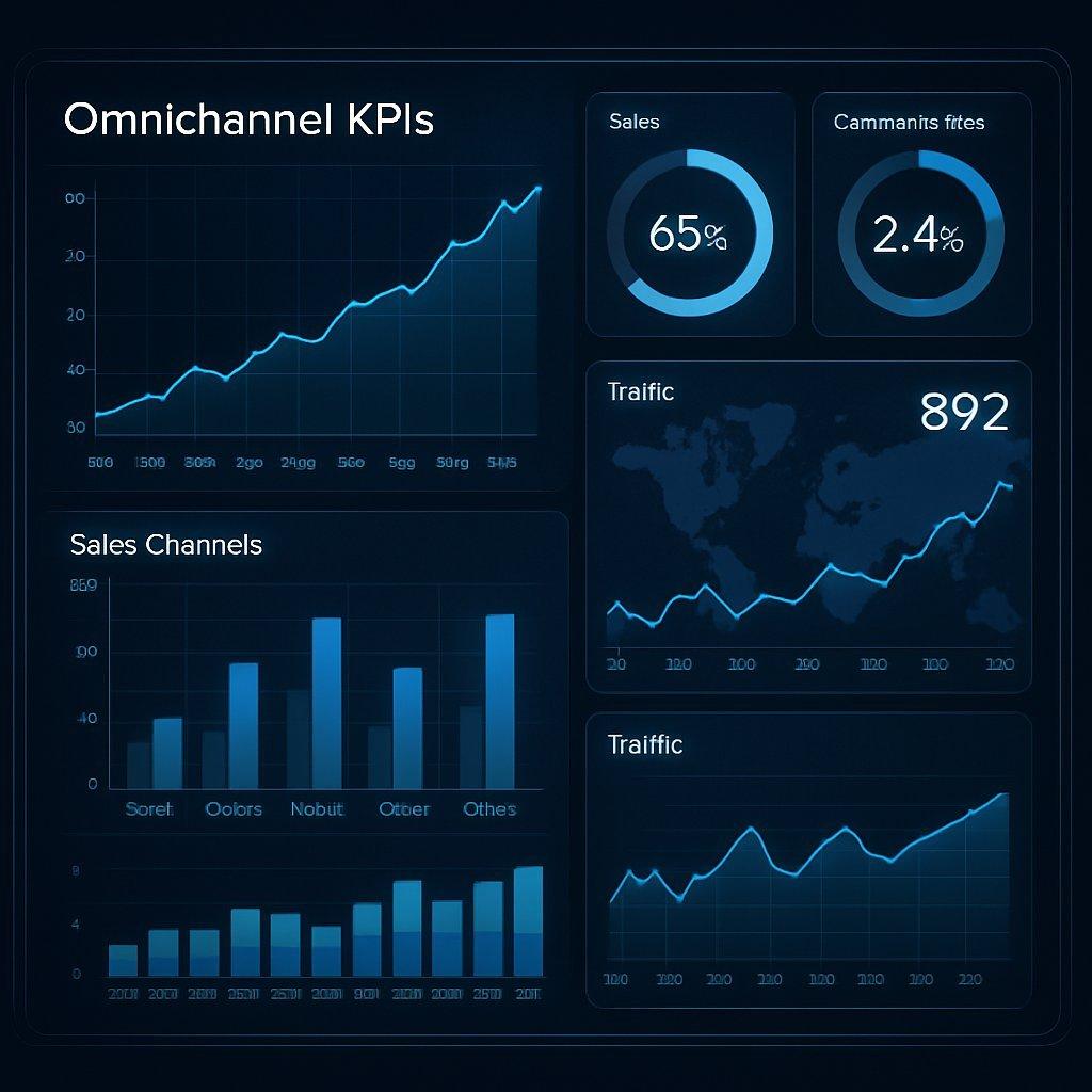 Tableau de bord numérique moderne affichant des graphiques dynamiques de KPIs omnicanaux pour une stratégie client efficace.
