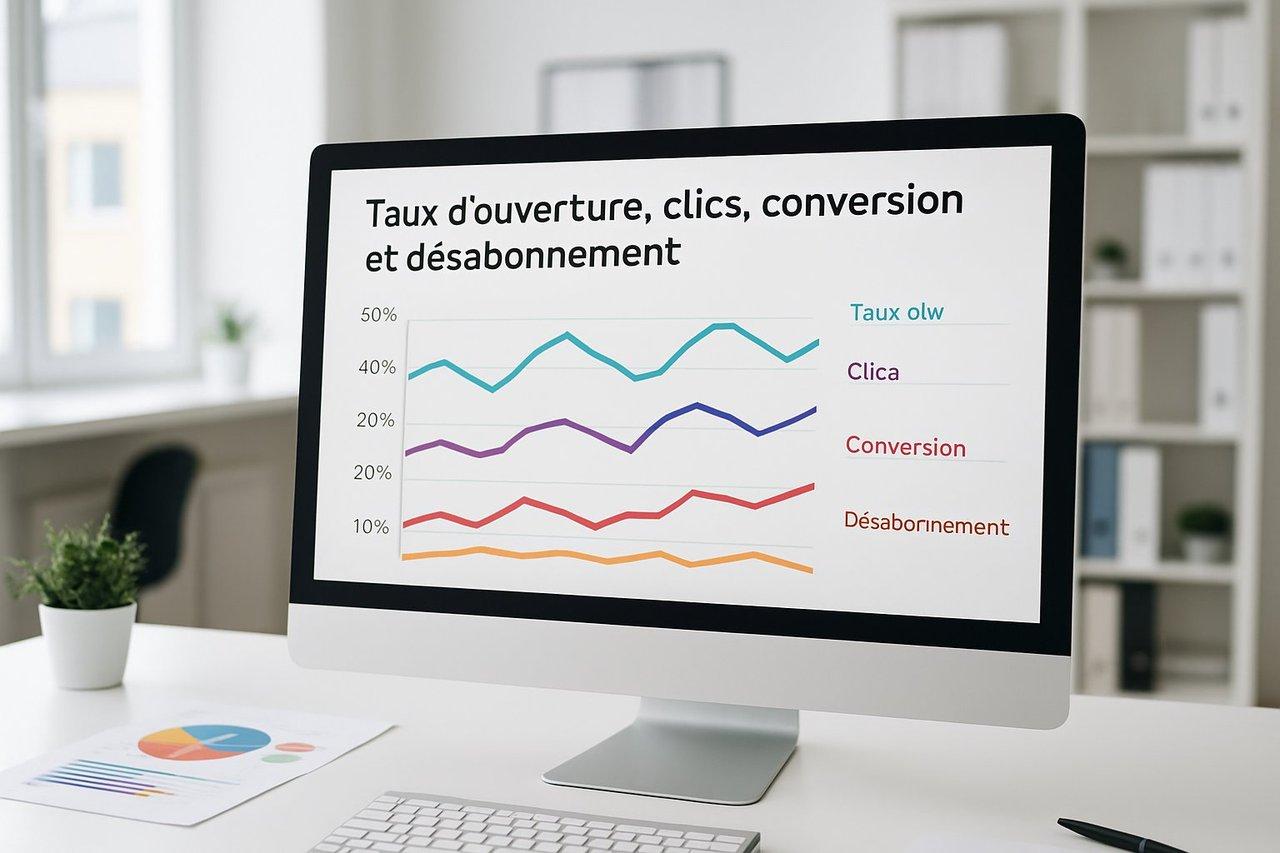 Tableau moderne affichant l'évolution des taux d'ouverture, clics, conversion et désabonnement en marketing automation.