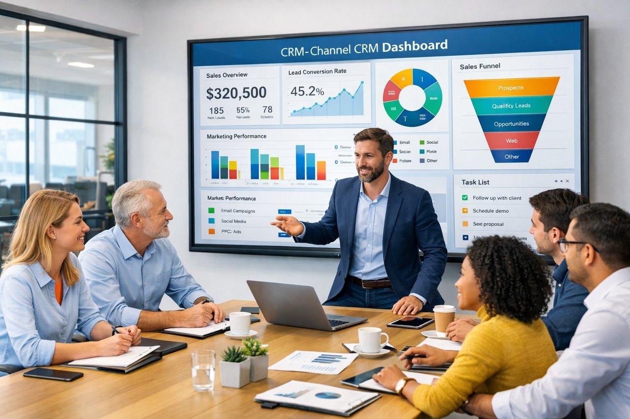 Une équipe marketing, commerciale et IT collaborant autour d’un tableau de bord CRM multi-canal moderne.