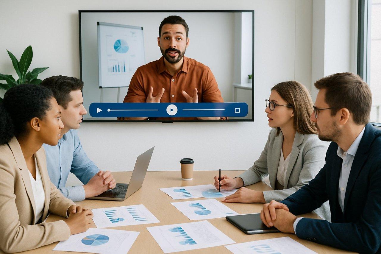 Une équipe marketing et ventes concentrée autour d'une table moderne, analysant un replay vidéo en ambiance collaborative.