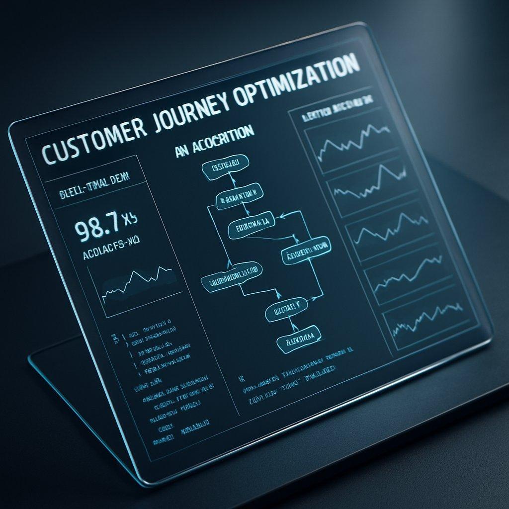 Vue en plongée sur un écran transparent affichant un algorithme IA complexe optimisant en temps réel des parcours clients personnalisés dans une ambiance high-tech.